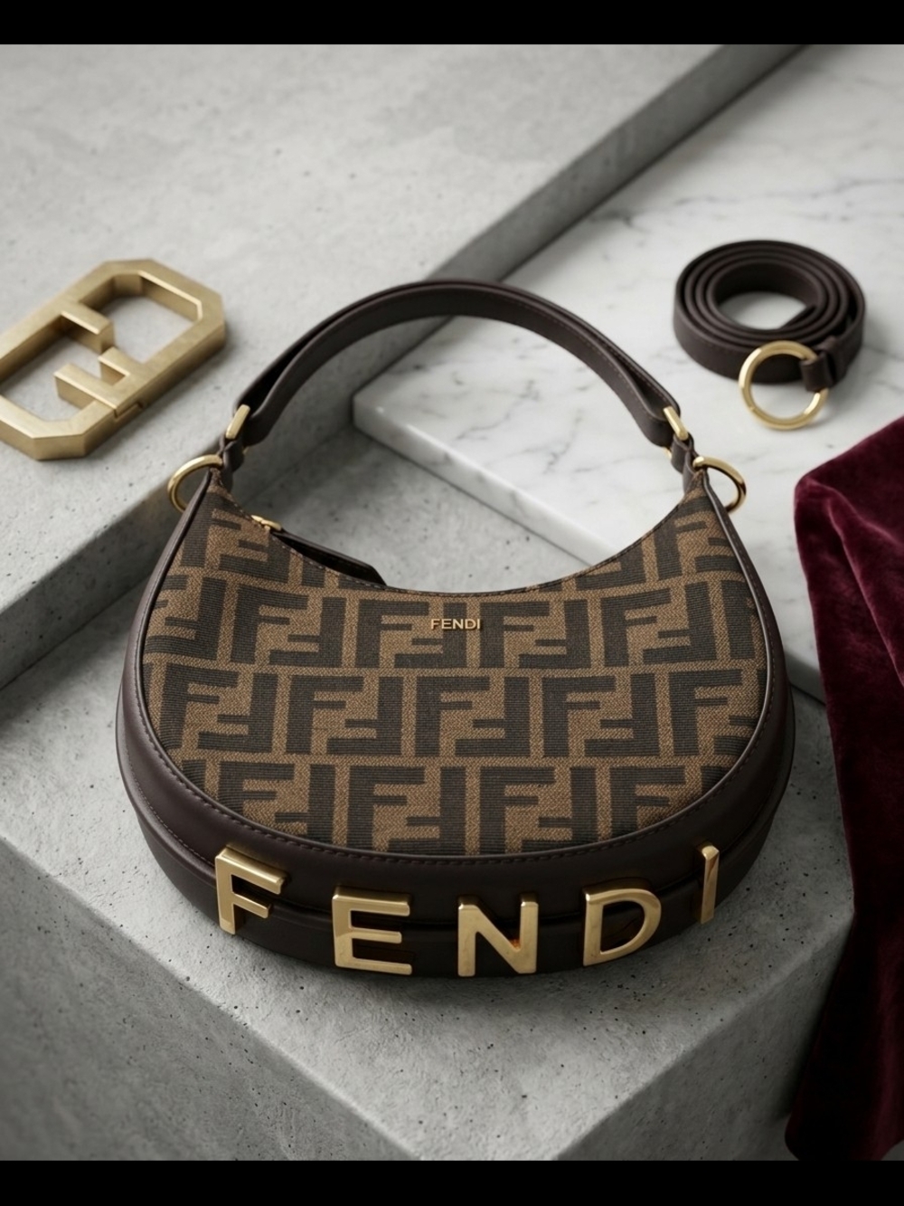 Fendi Brown FF Canvas Baguette with Gold Hardware
